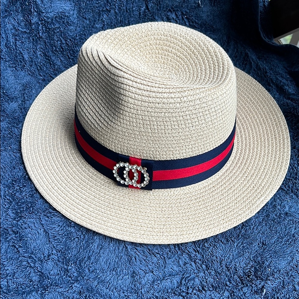 Beige Straw Hat with Red and Blue Band